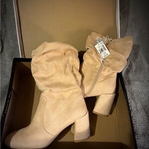 Beige Slouch Block Heel Women's Boots